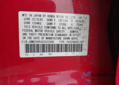 2012 Honda Fit Sport from USA, damaged, VIN JHMGE8H54CC032496